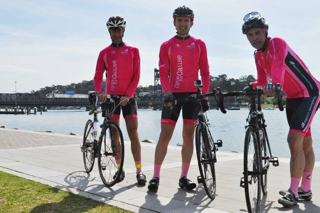 Paul Marotta, Allan Shaw and Steve Elward stopped at Batemans Bay on their way to Melbourne to raise funds for breast cancer research.