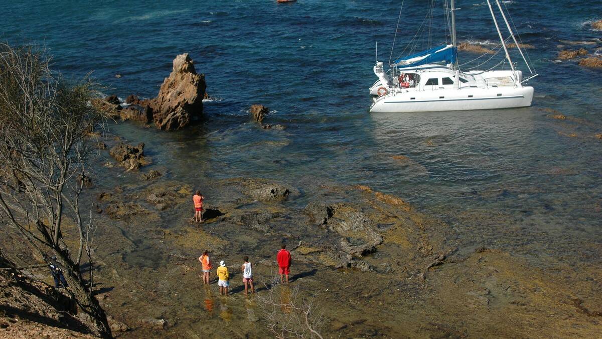 Eight people were rescued from a stranded catamaran at Caseys Beach on Monday afternoon.