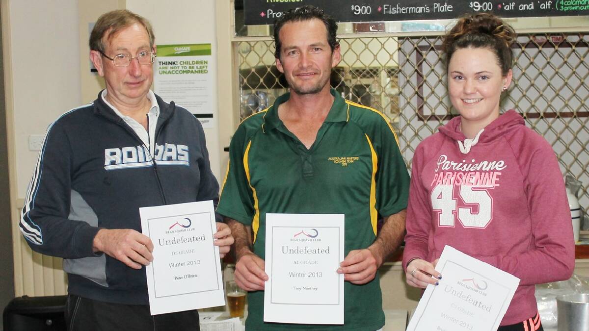 BEGA: Remaining undefeated in the winter squash competition are (from left) PJ O’Brien (D grade), Troy Northey (A grade) and Brydie Tarlinton (C grade).