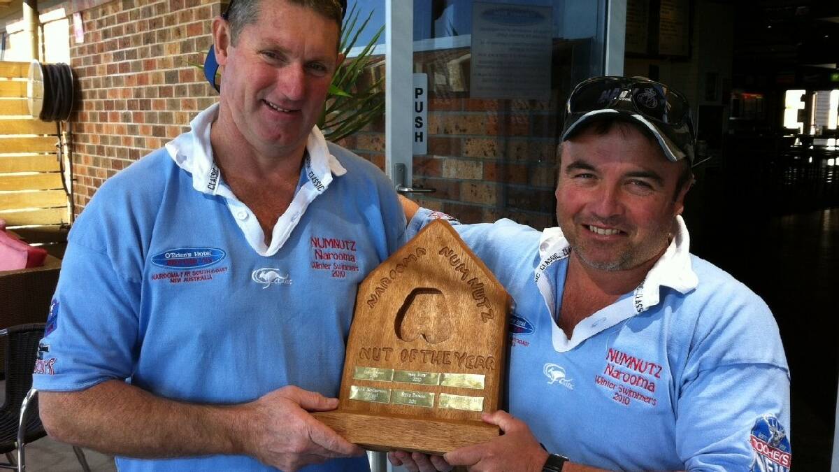 NAROOMA: The Narooma Numnutz winter swimmers finished the season on Father’s Day and named as the Numnut of the Year was Paul   O’Brien pictured with swimming captain Jason Hextell.