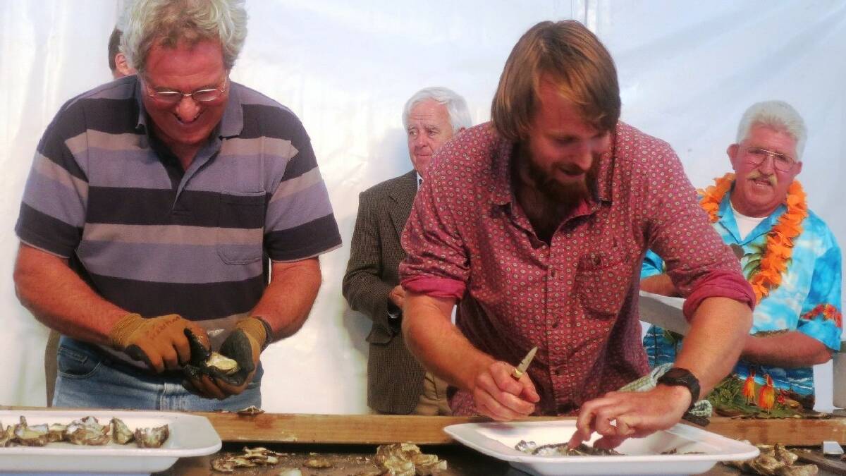 NAROOMA: The Narooma Oyster Festival is moving to April. Enjoying this year's shucking competition are local oyster grower David Maidment and River Cottage Australia host Paul West, with judge and former world-shucking champion Jim Wild.