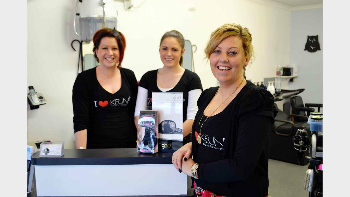 EDEN: Eden businesswoman Megan Adams celebrates the 10 year anniversary of her salon, Cheveux By Twofold, today. Mrs Adams has trained four apprentices in that time and is pictured at right with former apprentice and senior stylist Georgia Wiki, and first year apprentice Tiarna Bobbin.