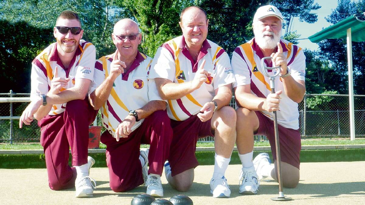 BEGA: Celebrating a win in the the Bega Bowling Club’s championship fours over the weekend are (from left) Mark Anderson, Ross Elliott, Howard Blacker and Neil Holzhauser.