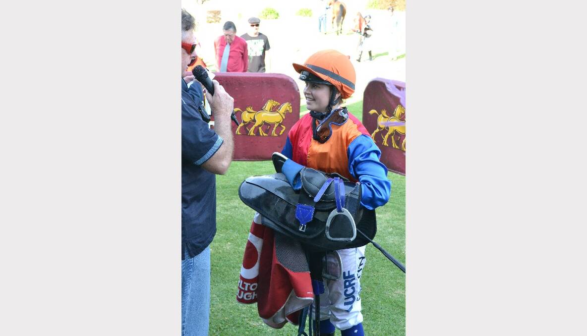 MOLLYMOOK: Jockey Winona Costin is interviewed after her win on the Donna Grisedale trained 'Brudar' at yesterday's   Mollymook Cup. Photo:PATRICK FAHY