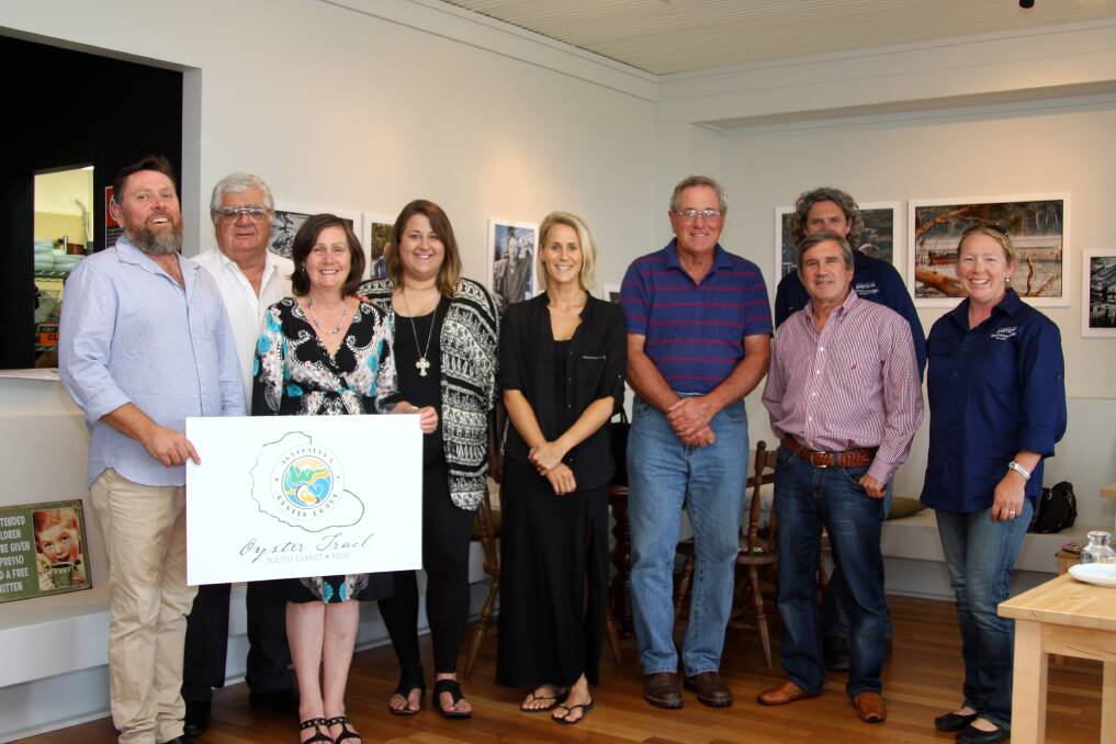Australia’s Oyster Coast oyster farmers and Official Partners gather at the Bermagui Oyster Room for the official launch of the Oyster Trail’s Summer Campaign. L-R: Shane Buckley (Bermagui Oyster Room), John Singleton (Bermagui Motor Inn), Sue Singleton (Bermagui Motor Inn), Sophie Wiersema (Narooma Bridge Seafoods), Ingrid Wiersema (Narooma Bridge Seafoods), David Maidment (Australian Native Shellfish), Rob Pollock (Regional Development Australia and Eurobodalla Shire Council), Greg Carton (Broadwater Oysters) and Sue McIntyre (Broadwater Oysters)