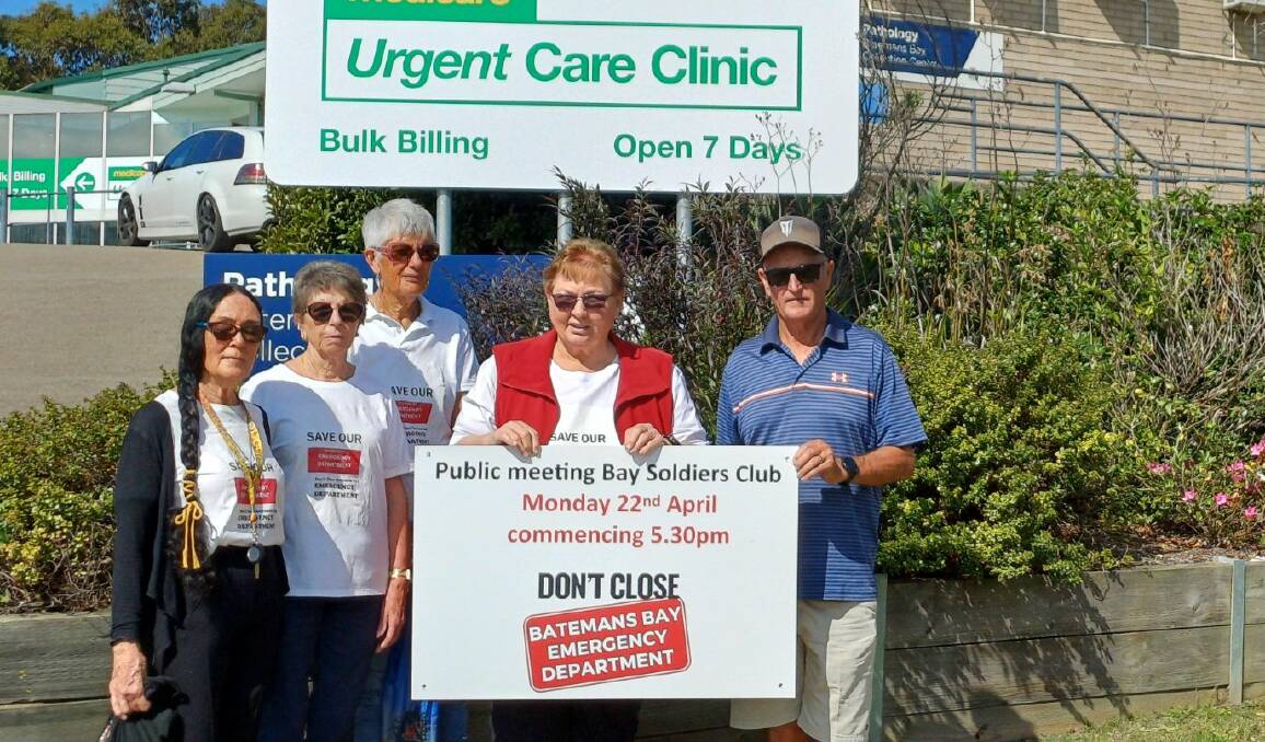 From left, Val Wright, Christine Hayes, Monica Payne, Ann McClintock and Greg Smetton stand in from of the Batemans Bay Urgent Care Clinic. Picture supplied