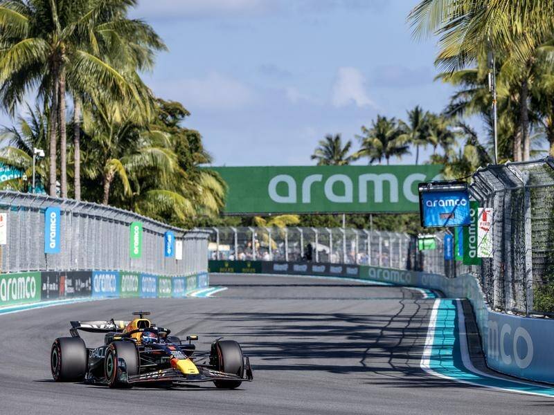 Max Verstappen corners on his way to taking pole position at the Miami Grand Prix. (EPA PHOTO)