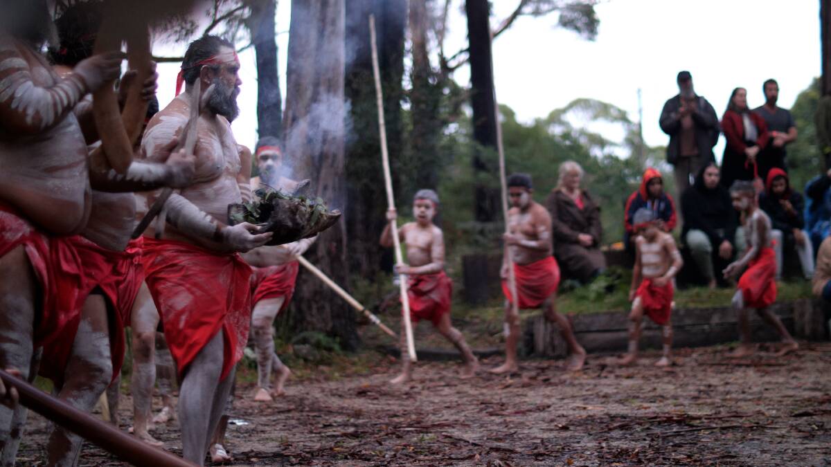 Members of the Duruunu Miru and Gudu and Gumaraa Dance Groups get together for the sunset corroboree at the 2022 Giiyong Festival. Photo: Kyle Wilson 