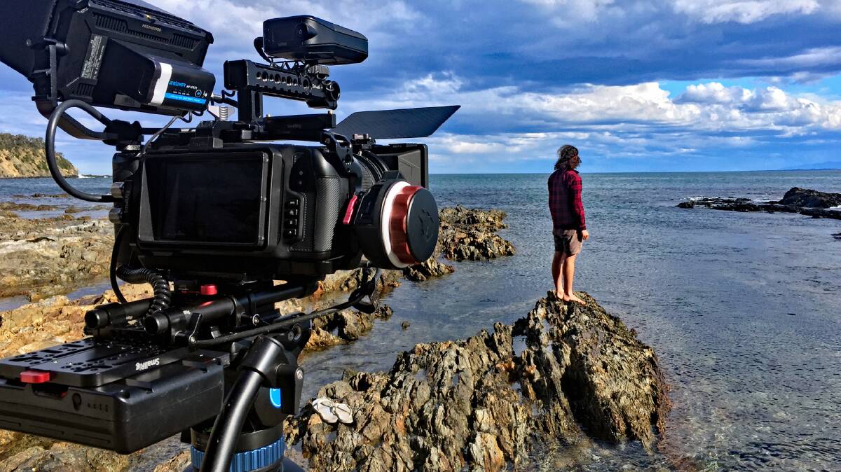 Bega Valley Filmmakers: Behind the scenes with Jordan Nye filming the YUWINJ DHARI-BULWAL film. Photo: Hiromi Matsuoka 