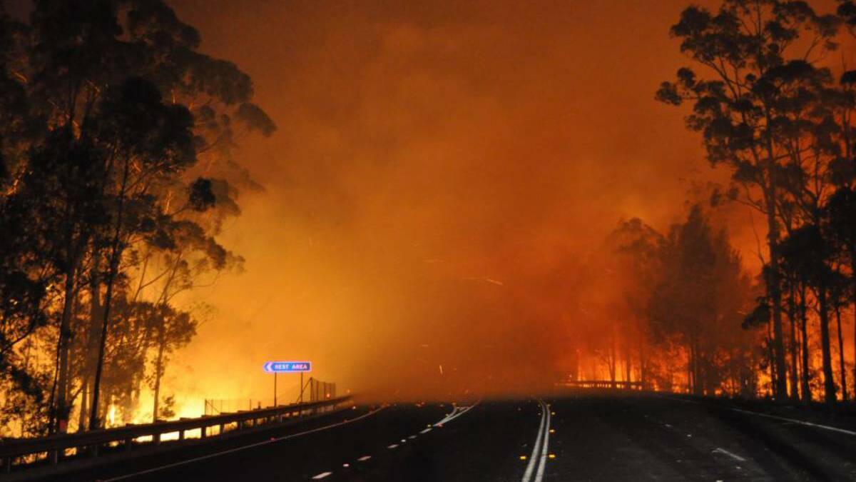 CORONERS INQUEST: Princes Highway at Sussex Inlet in the midst of the Currowan fires which claimed the lives of three people. Picture: NSW RFS