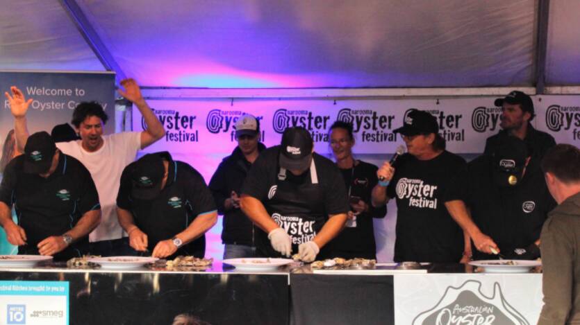 Batemans Bay's Jimmy Yiannaros took out the title for the men's oyster shucking competition at the 2022 Narooma Oyster Festival. Picture: James Tugwell.