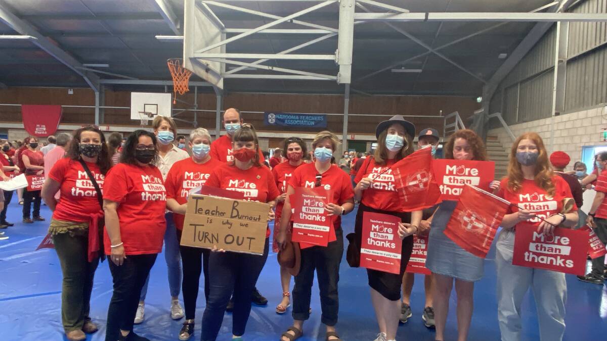 Bega Valley primary and secondary teachers who joined the More than Thanks campaign to strike and rally at Moruya Showground basketball stadium on December 7. Photo: supplied