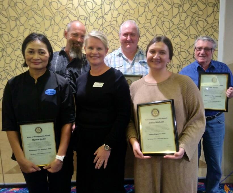Mr Fitzgerald was recognised for his innovation along with other business owners in a ceremony at the Soldiers Club last week. Front L-R: Myrna from Batemans Bay Soldiers Club, President of Batemans Bay Rotary Club Nicole McDonald, Arkey from Sharp Edges Hairdressing. Back L-R :Chris from Eurobodalla Tippers & Tankers, Charlie Fitzgerald from Hot n Dry Drysuits and Les from the Batemans Bay Historical Society. Photo: Batemans Bay Rotary Club. 
