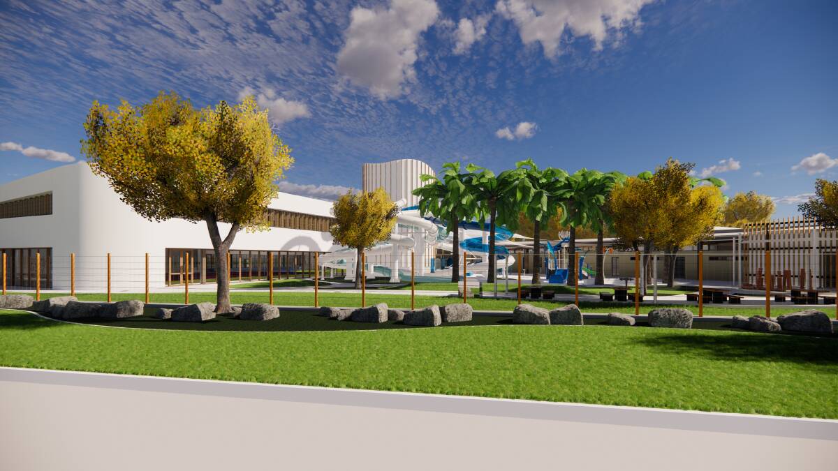 A concept image of the front of the new arts and aquatic centre at Mackay Park, Batemans Bay. 
