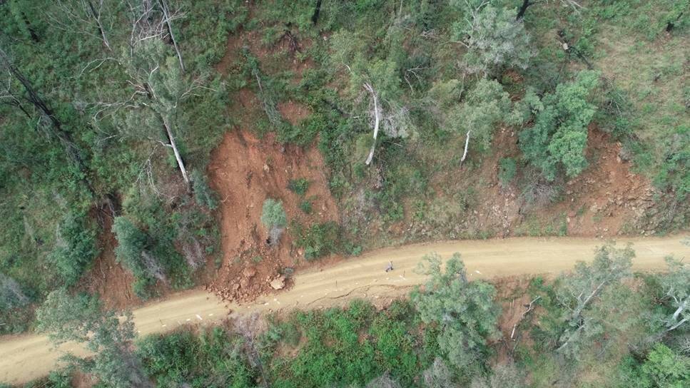 Aerial views of Araluen Road near Merricumbene, where a landslide on Friday evening closed the road. Photo: Supplied 