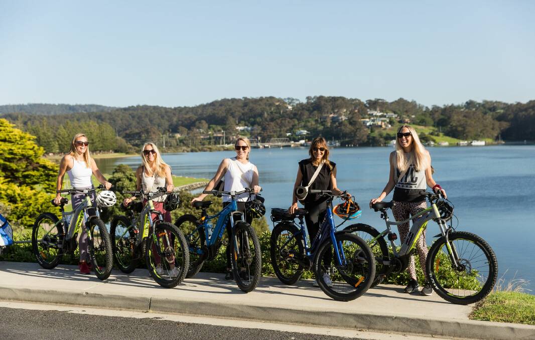 Narooma's mountain biking trails could prove a popular tourist experience for Kiwis visiting Australia. (L-R) Chloe Mulder, Charms Baltis, Sara Sadler, Tash Dusehjko and Amity Kershaw enjoy an e-bike and yoga experience with Southbound Escapes. Photo: Ben Marden