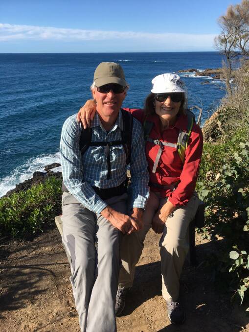 Brian and Chris Mercer at the whale watching seat near Lilli Pilli. Picture: Batemans Bay Bushwalkers. 