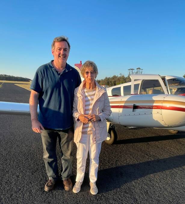 Angel Flight pilot Darryl Campbell with passenger Valerie Reed in Moruya. Photo: Ian Reed 