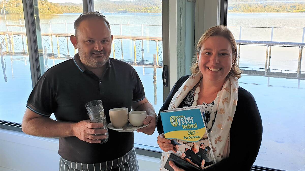 Andrew Stewart of The Inlet put on a great continental breakfast for the first Rotary breakfast, seen here with Annemarie Narraway of Narooma Audiology. Photo: Laurelle Pacey
