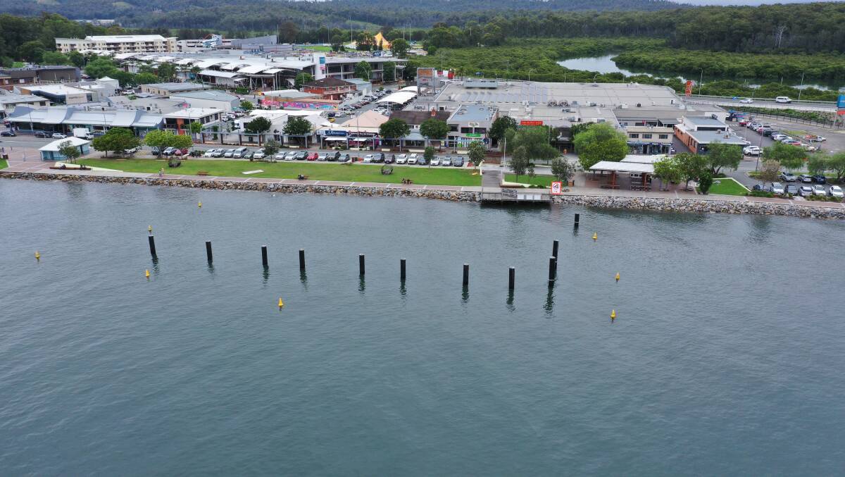 The piling is in place for a new L-shaped pier on the southern side of the Clyde River, Batemans Bay.