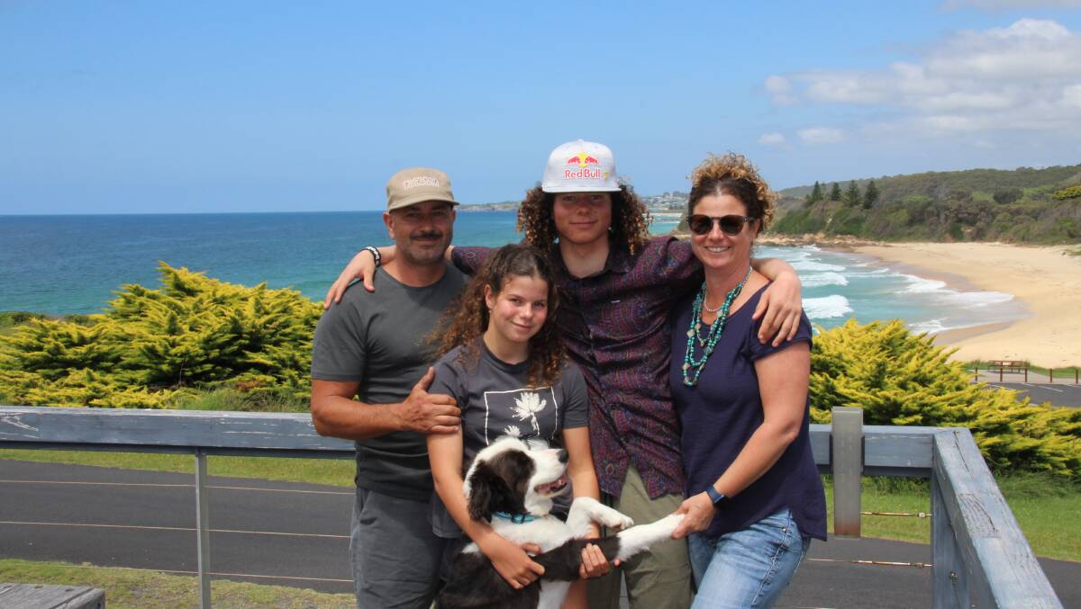 Valentino Guseli with dad Ric, mum Kristen, and little sister Ali, during his time in Narooma after the Beijing Winter Olympics.