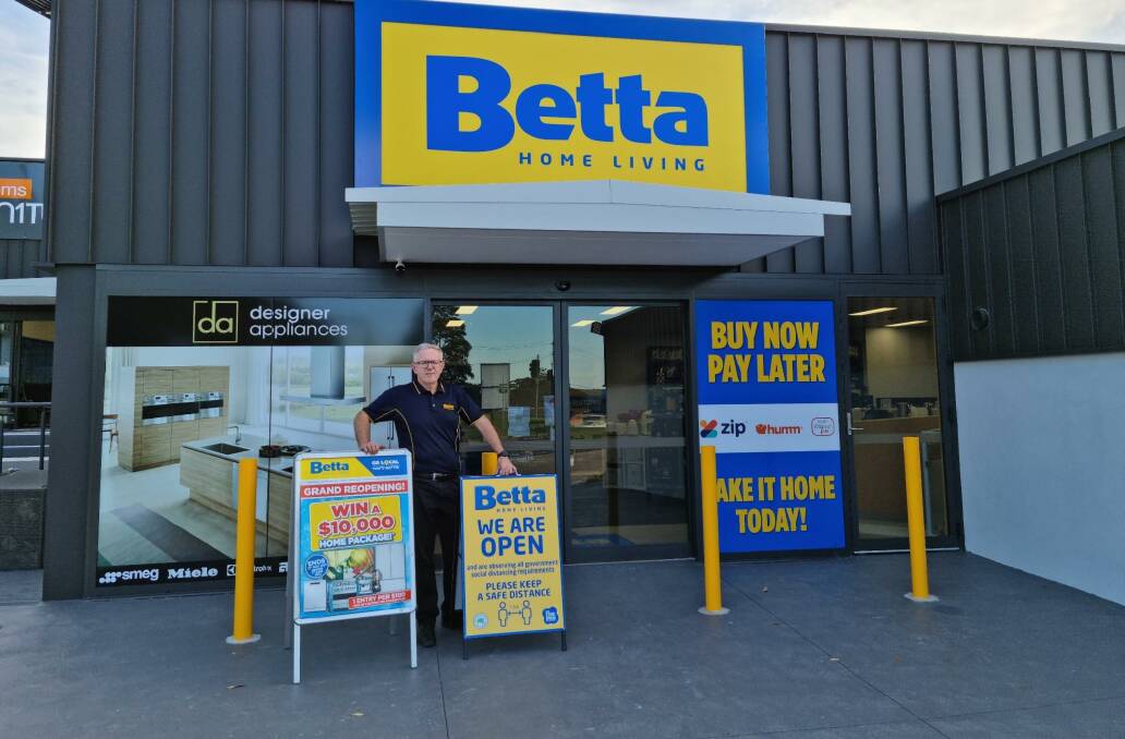Geoff Hatton stands out front of the new Betta Home Living in the Batemans Bay Homemaker Centre. It's been 18 months since the shop had to move due to the fires.