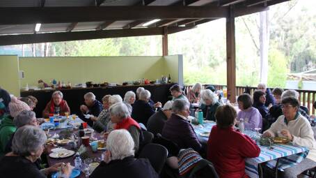 Members of the Eurobodalla Walkers enjoying their 35th birthday lunch at the Eurobodalla Regional Botanical Gardens.