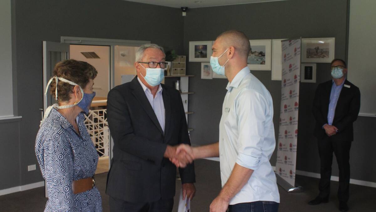 Health Minister Brad Hazzard with Bega Liberal candidate Fiona Kotvojs and Eurobodalla Shire Mayor Mat Hatcher.