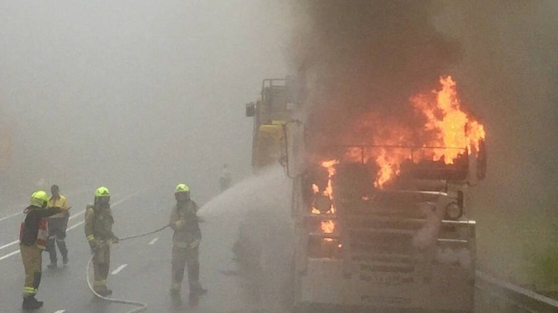 The semi-trailer ablaze at the top of the Clyde Mountain on the Kings Highway.