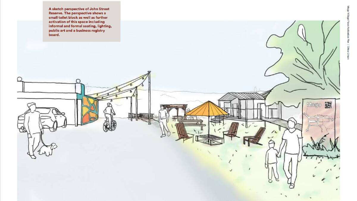 An artist's impression of John Street Reserve shows the potential for the space in the Mogo Village Activation Plan.