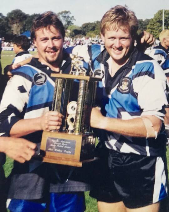 Brenden Fernly and Dean Gillard after winning a premiership together at the Cronulla Caringbah Sharks in 1999.