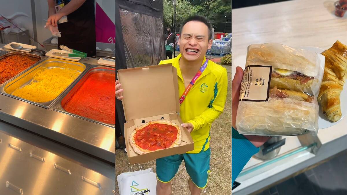Pasta at the food hall (left), diver Shixin Li enjoys a pizza from a food truck (centre) and breakfast from a cafe (right) at the Commonwealth Games Athlete Village in Birmingham, England. Photos: Brittany O'Brien and Sam Fricker via TikTok.