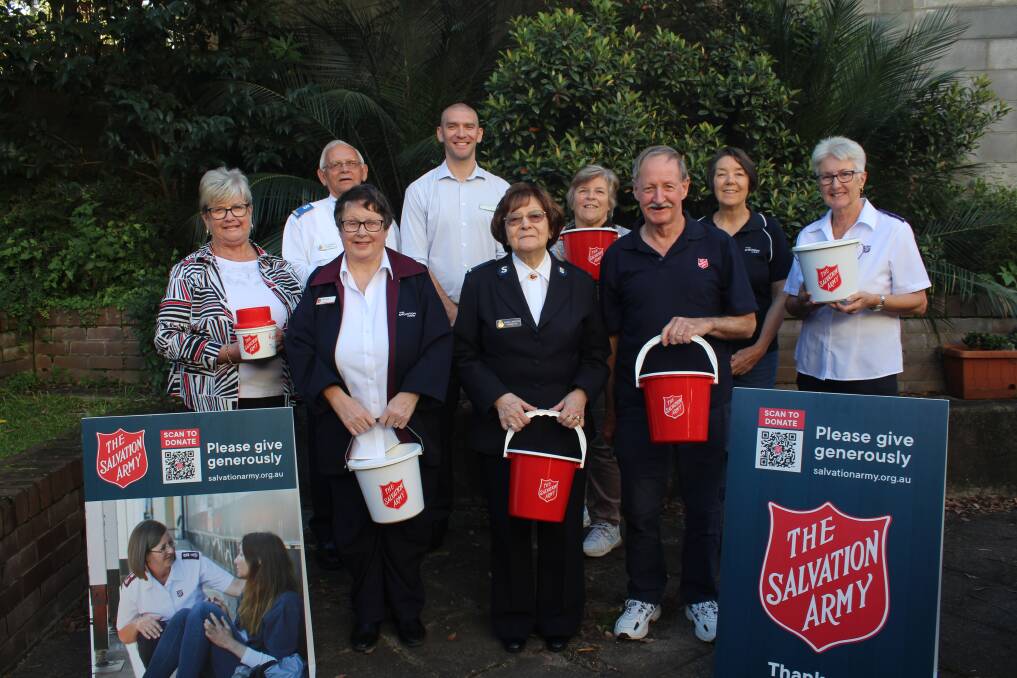 Eurobodalla mayor Mat Hatcher with Salvation Army volunteers launching the 2022 Red Shield Appeal