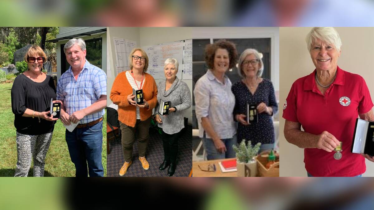 Jason Hough recently presented five south coast volunteers with National Emergency Medal for their tireless work in Evacuation and Recovery centres during and after the Black Summer fires. From left to right: Wendy Black, Jason Hough, Christine Spain, Marilyn Edmonds, Lin Barnes, Lou Lassau and Roz Odgers. Picture supplied.