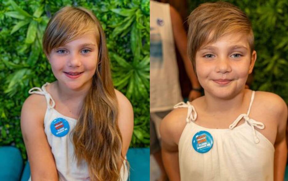 8-year-old Alexies Doherty before and after cutting her hair for the World's Greatest Shave