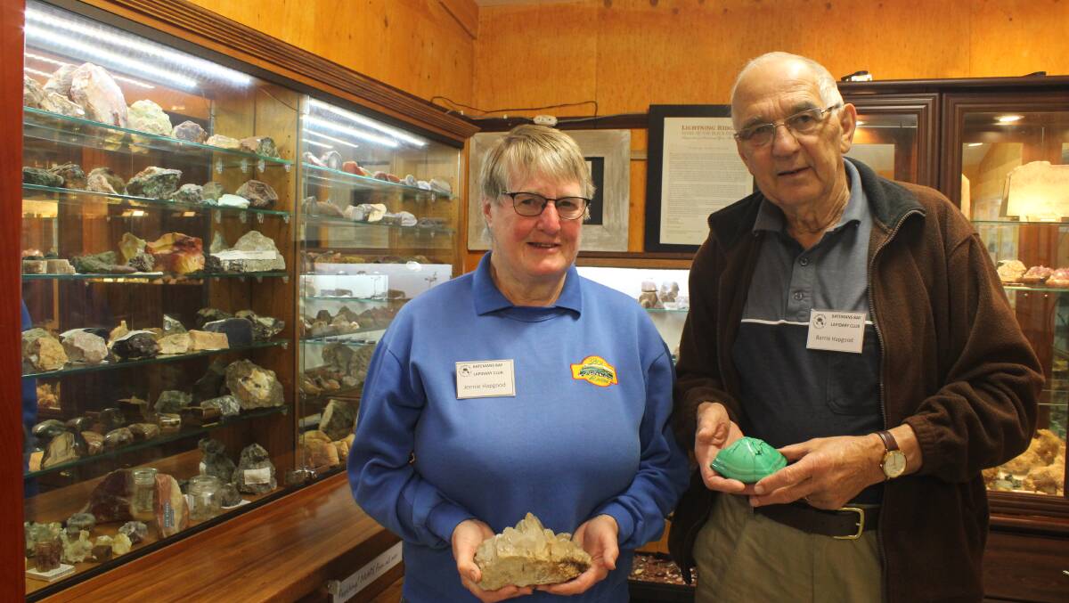 Jennie and Barrie Hapgood with just some of Batemans Bay lapidary club's collection of rocks.