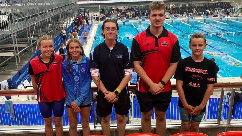 Eurobodalla's next swimming champions?: Rosie McPartland, Xavier Miles and Michaela FitzPatrick with their coaches Riley Miles and Lachlan Knight
