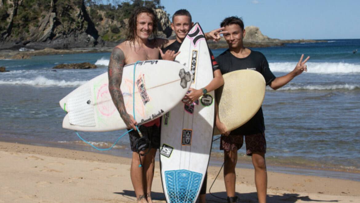Teenagers Lincoln Dell (centre) and Jet Love (right) with a friend at Malua Bay on the day of the incident. Picture supplied.