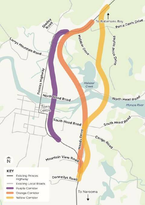 Map showing the three bypass corridors to be further consulted on.