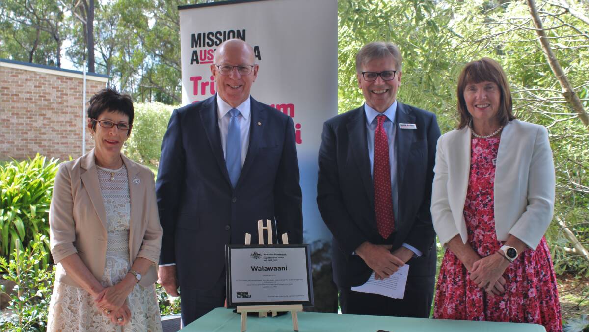 From left to right: Viceregal consort of Australia Linda Hurley, Mission Australia's Patron and the Governor-General of Australia His Excellency General David Hurley, Mission Australia chair Ian Hammond and Mission Australia CEO Sharon Callister at the unveiling of the plaque at the new Walawaani centre on February 24.