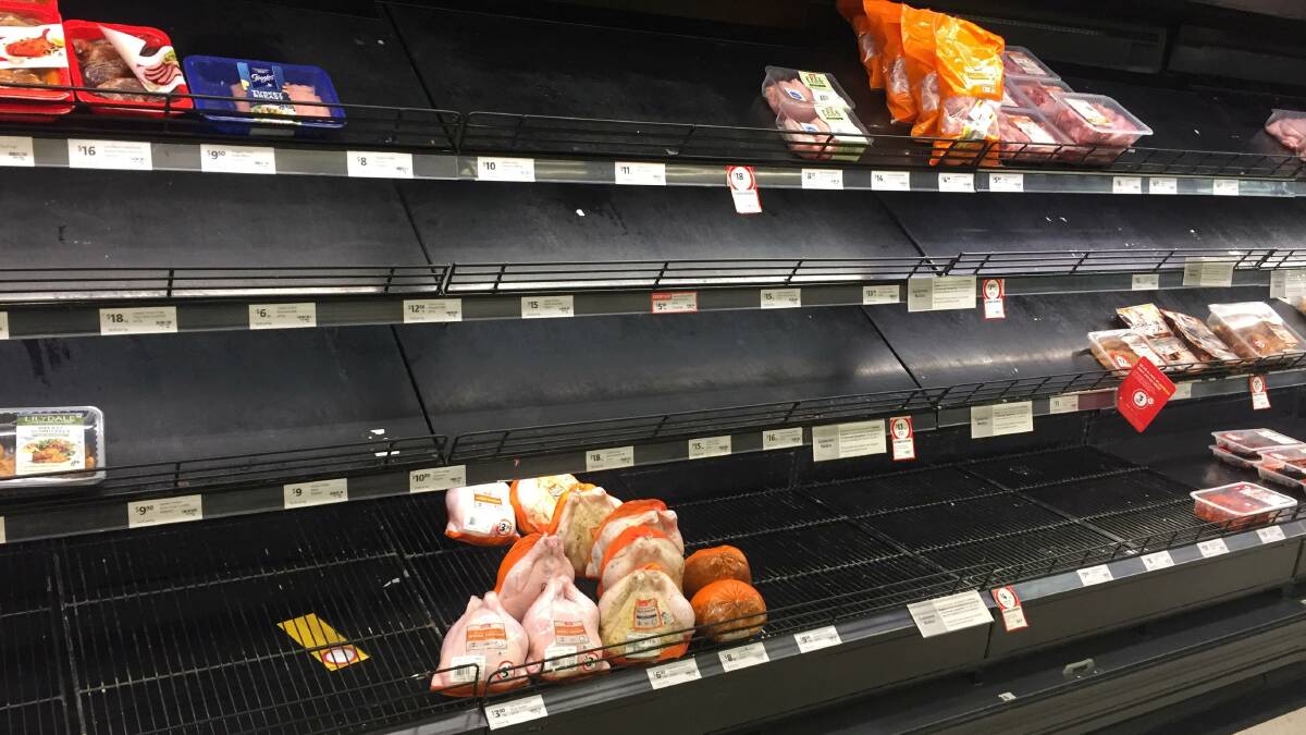Meat shelves in both Coles and Woolworths in Batemans Bay were understocked, while most other items appeared well-stocked.