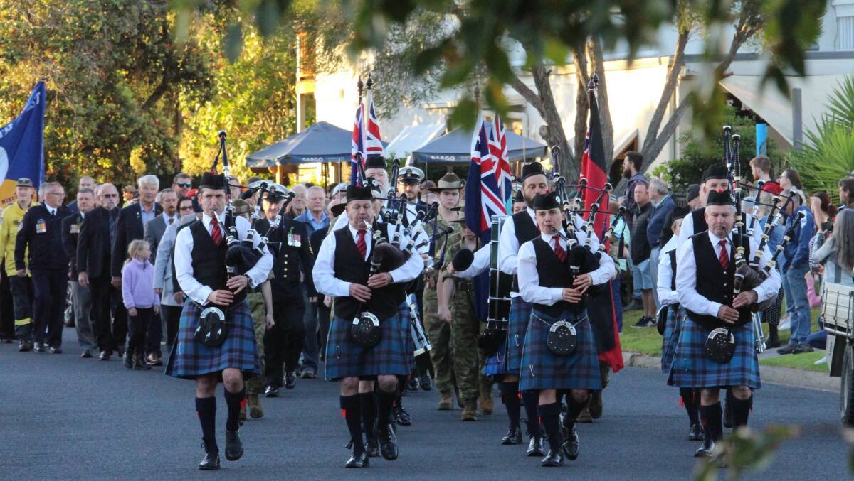 Bag pipe players leading the Tomakin Anzac Day march.