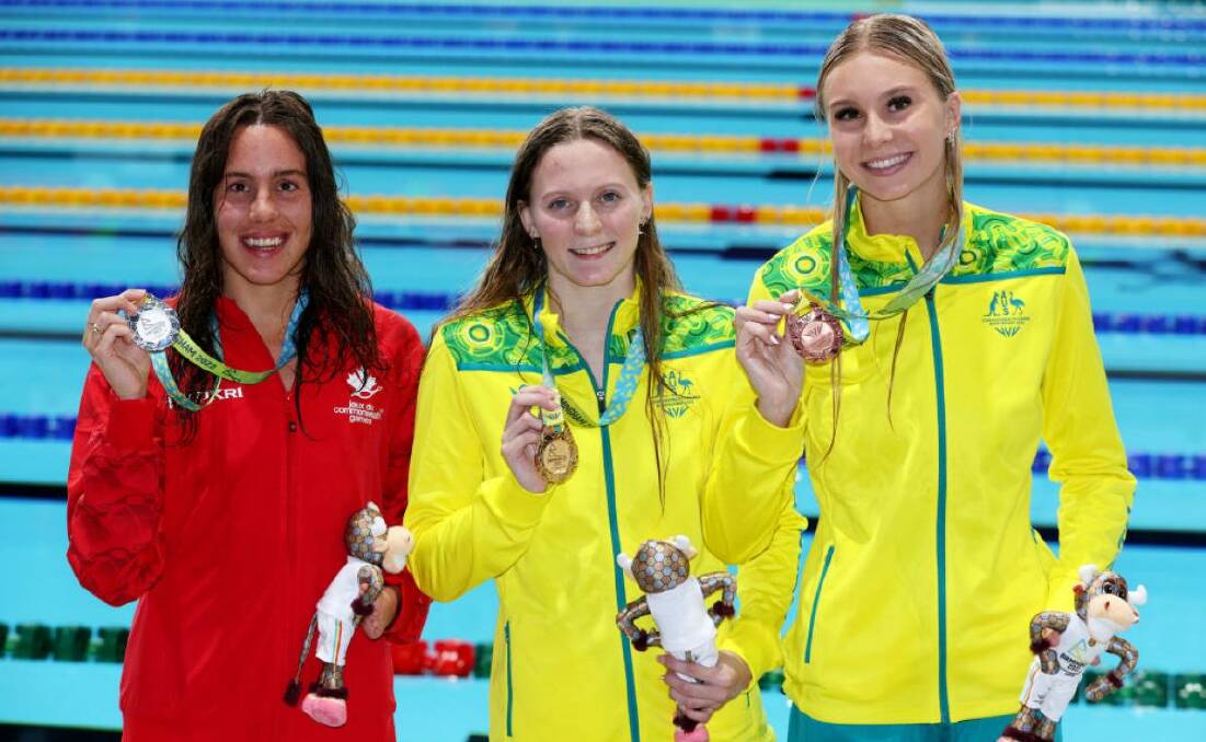 GOLD EFFORT: Jasmine Greenwood (centre) with other medalists, Canada's Aurelie Rivard (left) and fellow Aussie Keira Stephens (right). Picture: Getty Images