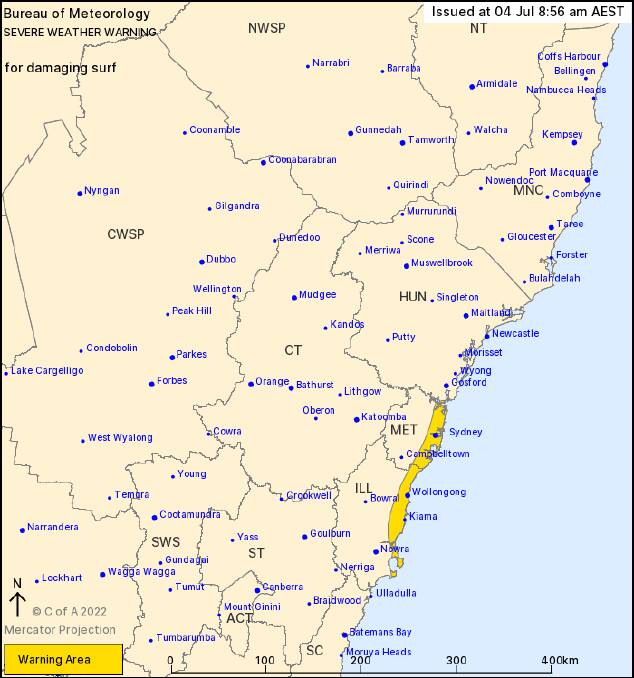 An additional severe weather warning for damaging surf extends to the northern Shoalhaven. Picture: Bureau of Meteorology