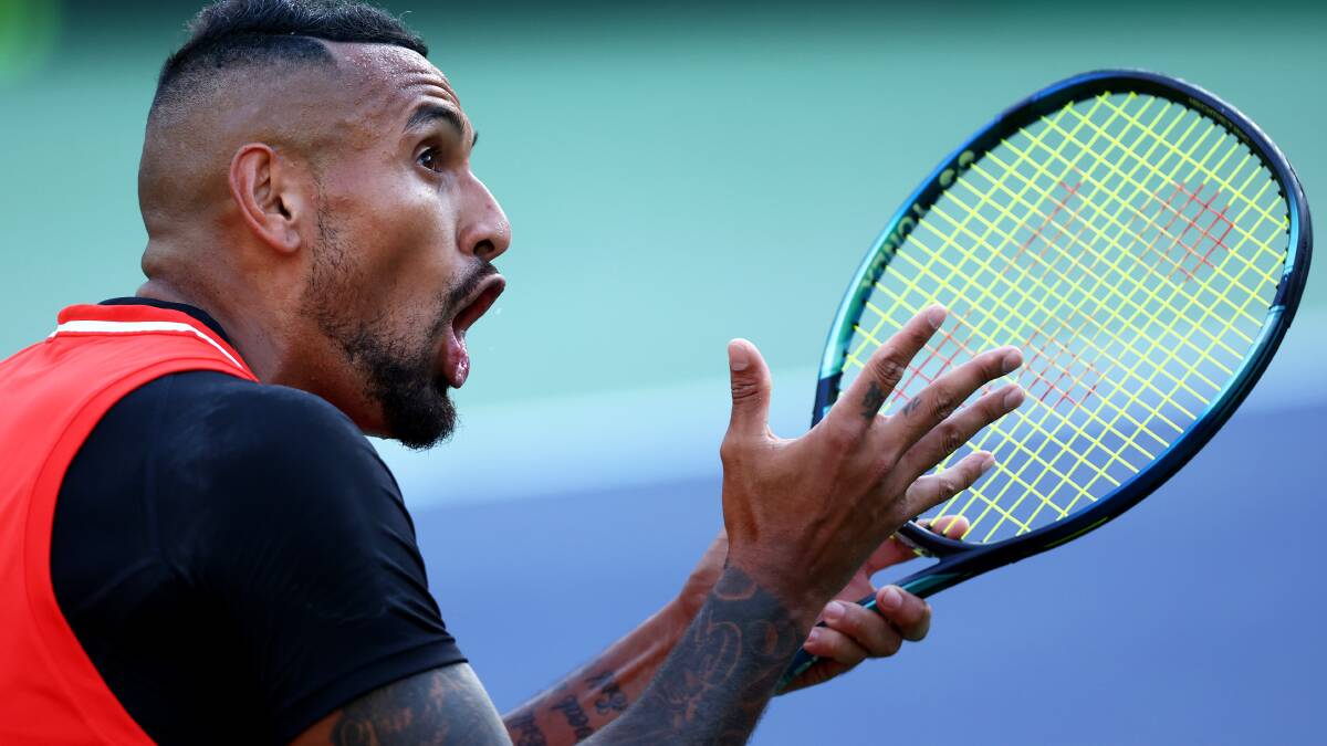 Nick Kyrgios of Australia argues with the chair umpire during his three set defeat against Rafael Nadal. Picture: Getty Images.