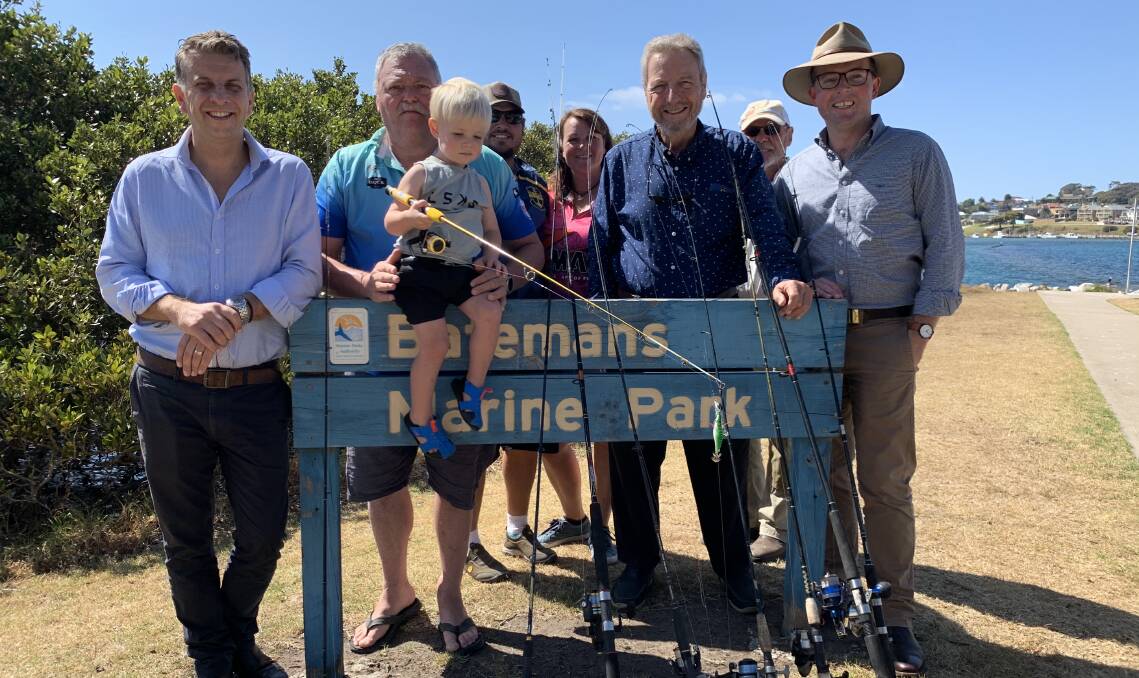 Member for Bega, Andrew Constance and Minister for Agriculture, Adam Marshall with recreational fishers at Batemans Bay when the state government announced a fishing amnesty in several of the larger sanctuary zones in Batemans Marine Park in December 2019. File picture