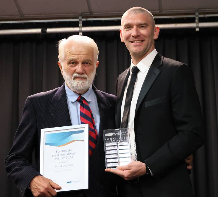 David Oliphant receiving his 2023 Local Hero Award from Eurobodalla Shore Mayor Mathew Hatcher at the inaugural Mayor's Ball on Friday, November 17, to celebrate volunteers and volunteering across the shire. Picture supplied