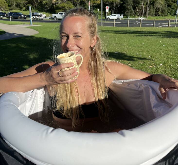 Enjoying a coffee and a post-run ice bath at the LFG X LSKD Community Run at Narooma's Bar Beach on Sunday, February 25. Picture supplied