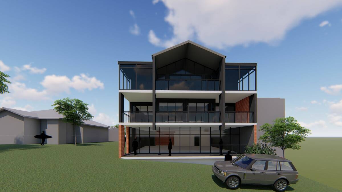 Each of the five proposed terrace-style homes in Narooma has private courtyards and balconies. Image courtesy of Kasparek Architects