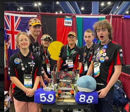 Narooma High School's Robotics team, the RoboRebels, at the world championships in Houston in April 2023: Harmony Cannon (Year 10), Harrison McKee, Kye Potter, mentor Gayle Allison, Matthew Brooks and Linc McLeod-Scott (all Year 12). Picture supplied.